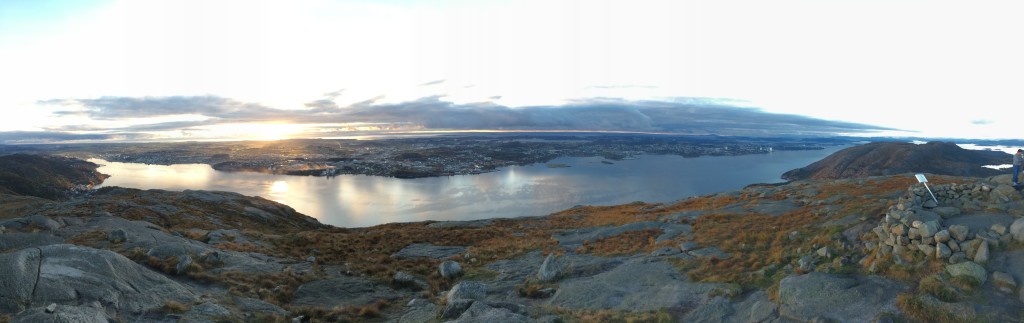 This the view from Dalsnuten, looking toward Sandnes as the sun set. The Atlantic in the distance.