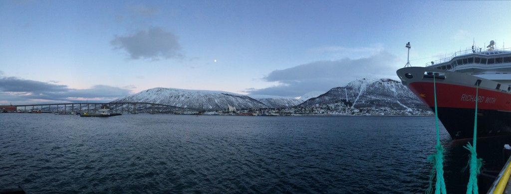 Tromsdalen and Ishavskatedralen (The Arctic Cathedral) from the Tromsø Hurtigruta Port