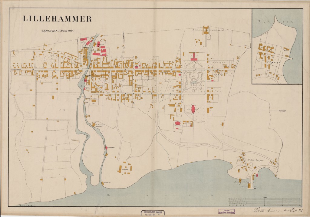 Historical map of Lillehammer in 1890. Kobberberget is at the bottom left (and inset below).