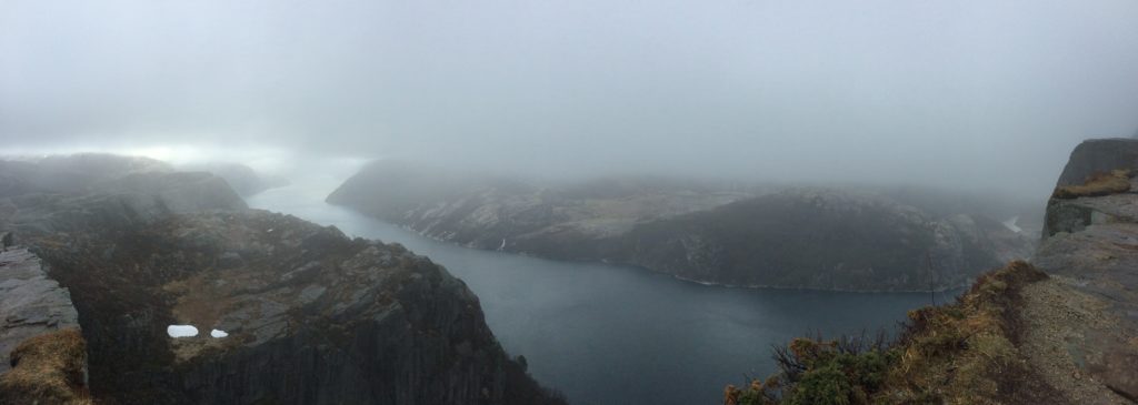 BONUS: Lysefjord from just below Preikestolen, in cloud and snow and hail. Old and dear friend Adam visited last week and we trekked up that hill, and well.