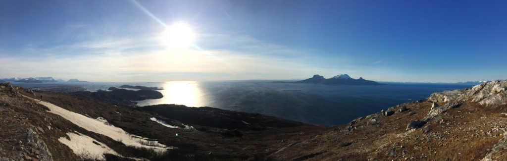 The view westward from Keiservarden on my last visit to Bodø. Landegode to the right and Lofoten in the distance beyond.